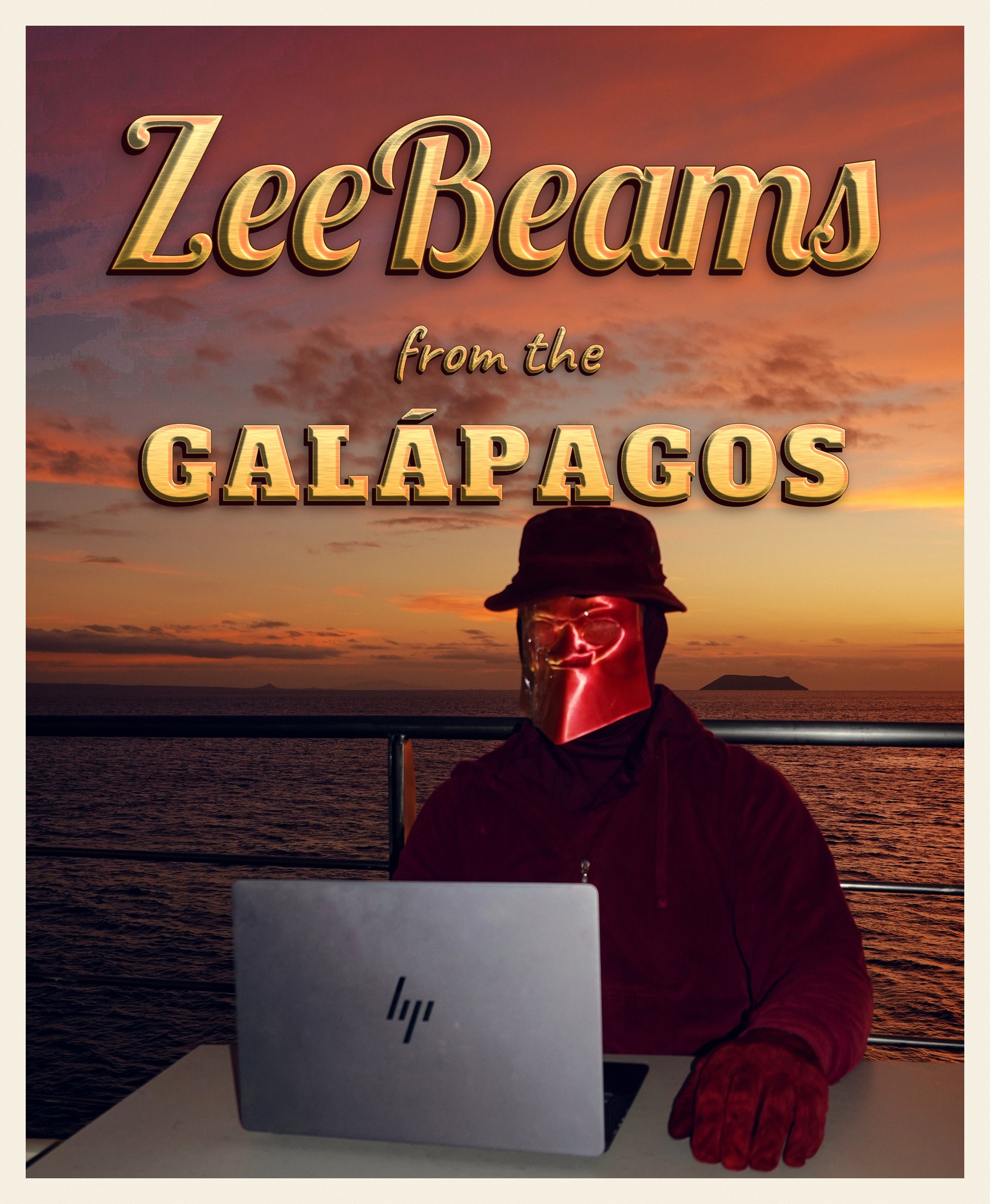 A postcard, the one appearance of the story layer on this page: Xathal, masked, with BOSUN on the laptop halo, finishing the ZeeBeam work before a sunset over the sea
